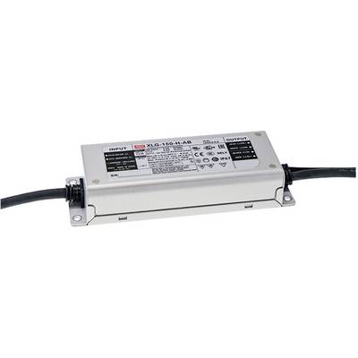 Metalen LED-voeding met ingangs- en uitgangskabels, productnaam 'XLG-150-H-AB', technische informatie op de bovenzijde.