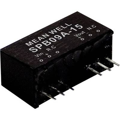 Een Mean Well SPB09A-15 spanningsomvormer met vier aansluitpennen, gekenmerkt door 'Vin', 'R.C', 'Vout' en 'N.C'.