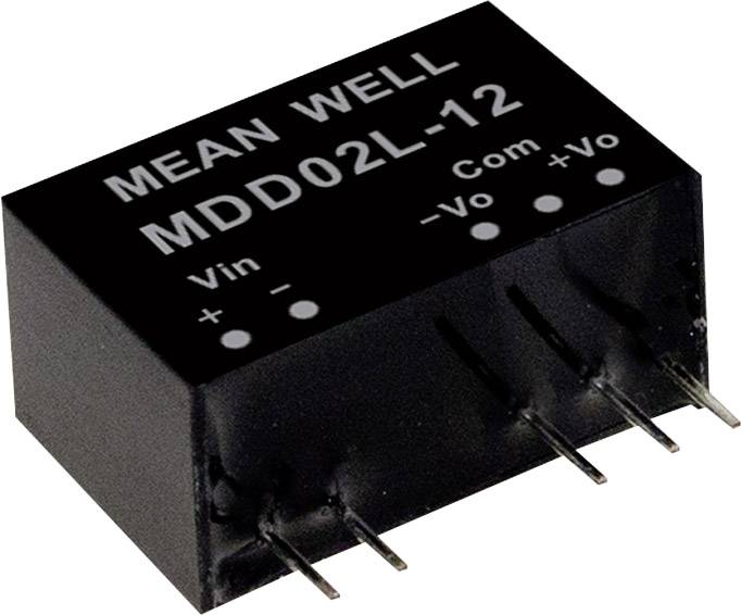 Zwarte elektronische component met het opschrift 'MEAN WELL MDD02L-12'. Zichtbare pinnen aan de onderkant voor elektrische aansluiting.