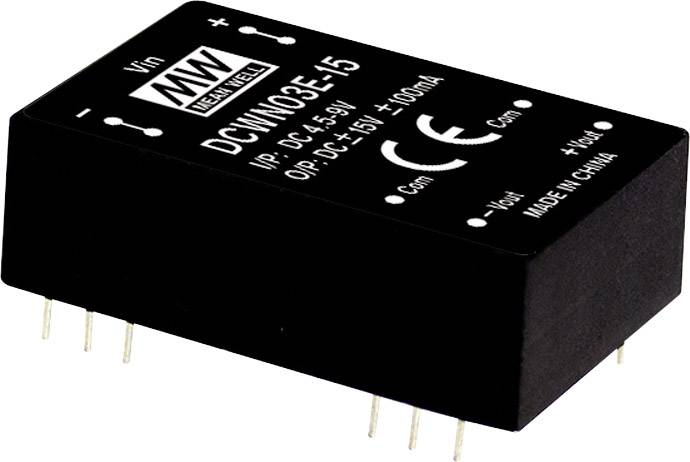 Een elektronische module met het opschrift 'Mean Well', toont ingangs- en uitgangsspanning. Gemarkeerd met CE-markering.