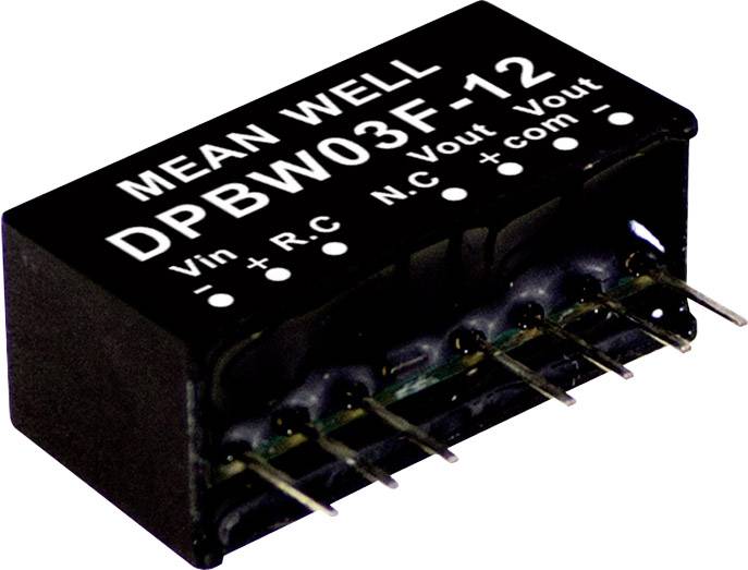 Compacte spanningsomvormer met opschrift 'MEAN WELL DPBW03F-12', toont aansluitingen voor Vin, Vout en andere specificaties.