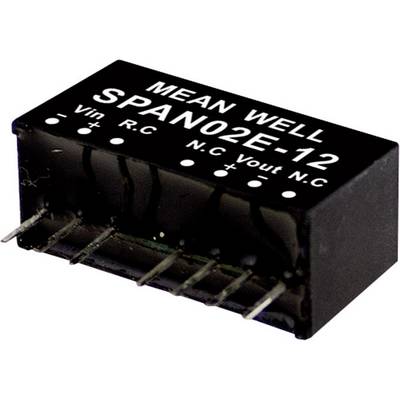 Zwart rechthoekig elektronisch onderdeel met opschrift 'MEAN WELL SPAN02E-12'. Pinnen steken uit. Gebruikt voor spanningsomzetting.