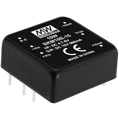 'Zwarte DC-DC-converter van Mean Well, model SKM10E-15. Ingangen: DC 4,7-5V, uitgangen: DC 15V 666mA. 10W vermogen. Geproduceerd in China.'