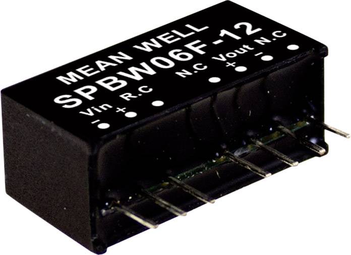 Een zwart elektronisch onderdeel met opschrift 'MEAN WELL SPBW06F-12', toont pinnen voor Vin, Vout en N.C. aan de onderzijde.