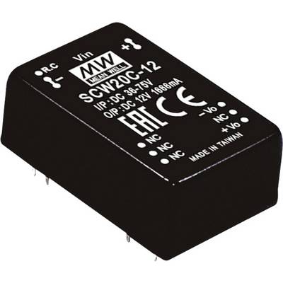 Een rechthoekig elektronisch component met het opschrift 'MEAN WELL', model 'SCW20C-12'. Ingang: DC 36-75V, Uitgang: DC 12V.