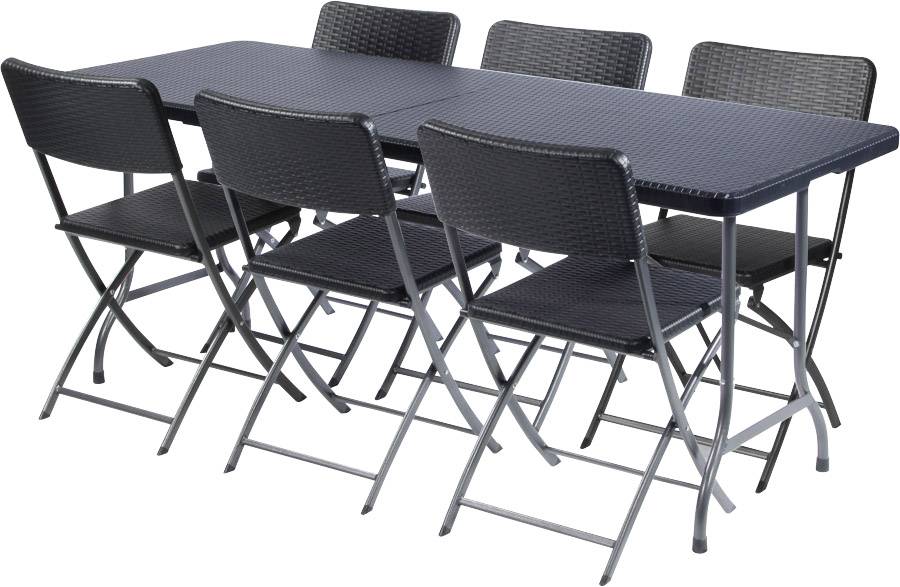 Een donkergrijze inklapbare tafel met zes bijpassende inklapbare stoelen, geschikt voor buitengebruik.