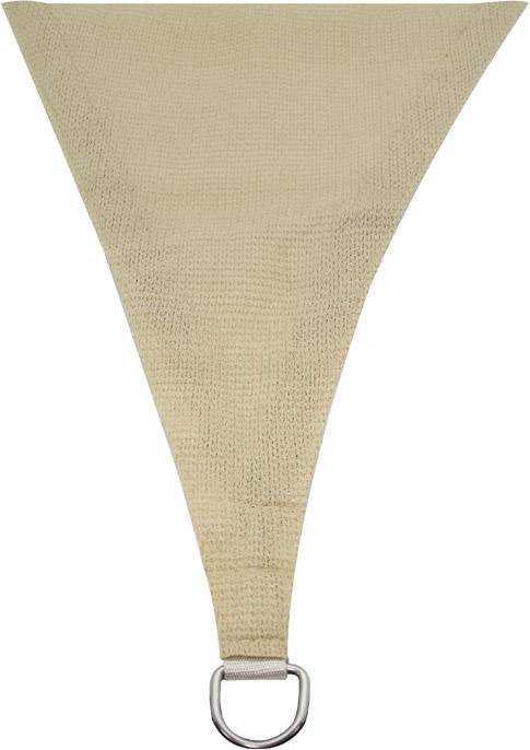 Driehoekig zonnezeil in beige met metalen lus aan het uiteinde voor bevestiging. Geschikt voor zonbescherming in buitenruimtes.