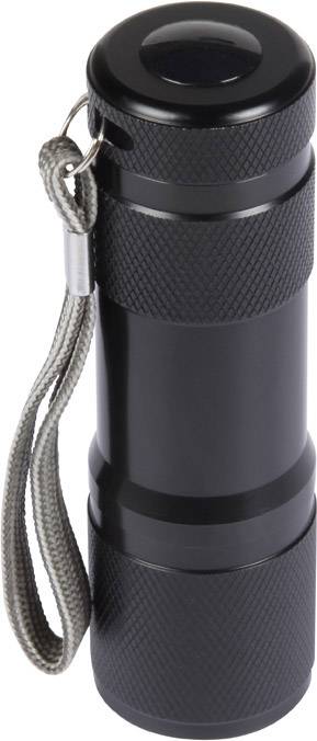 Kleine zwarte zaklamp met polsband, cilindrische vorm, compact ontwerp. Ideaal voor onderweg of noodgevallen.