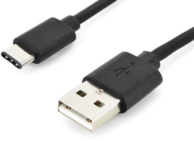 Zwart USB-kabel met USB-C- en USB-A-stekker. De USB-A-stekker toont het gebruikelijke USB-symbool.