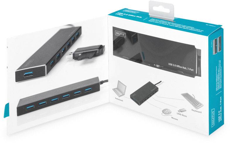 Verpakking van een USB 3.0 7-poorts hub met afbeeldingen van het product en aansluitingsvoorbeelden voor notebook, muis en toetsenbord.
