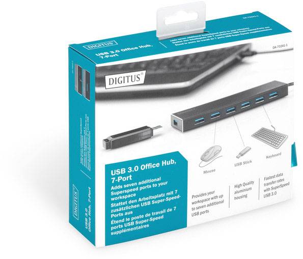 'USB 3.0 Office Hub, 7 Poorten' Adapter in blauwe verpakking met afbeeldingen van een computergestuurde werkplek, muis, USB-stick en toetsenbord.