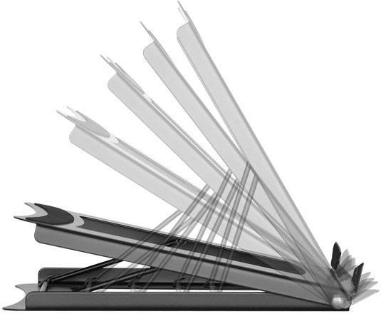 Een laptop met een verstelbaar scharnier wordt in verschillende hoeken geopend getoond, om de flexibiliteit van de positionering te demonstreren.