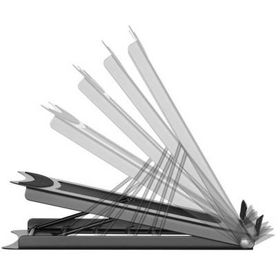 Een laptop met een verstelbaar scharnier wordt in verschillende hoeken geopend getoond, om de flexibiliteit van de positionering te demonstreren.