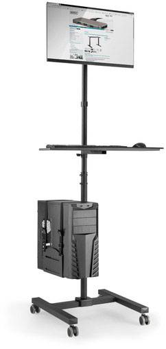Een mobiele, in hoogte verstelbare computertafel op wielen met monitor, toetsenbordlade en computerbehuizing, geschikt voor flexibel werken.