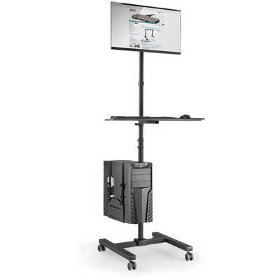 Een mobiele, in hoogte verstelbare computertafel op wielen met monitor, toetsenbordlade en computerbehuizing, geschikt voor flexibel werken.