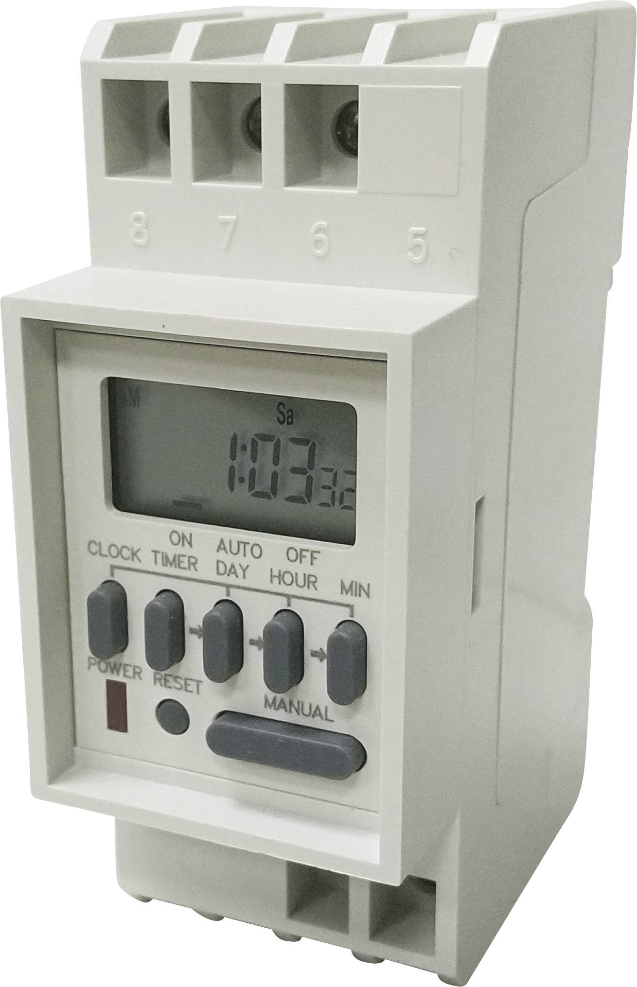 Elektronische tijdschakelklok met display toont 'Za 1:03'. Knoppen: Aan/uit, Reset, Handmatig, evenals tijd- en weekdaginstellingen.