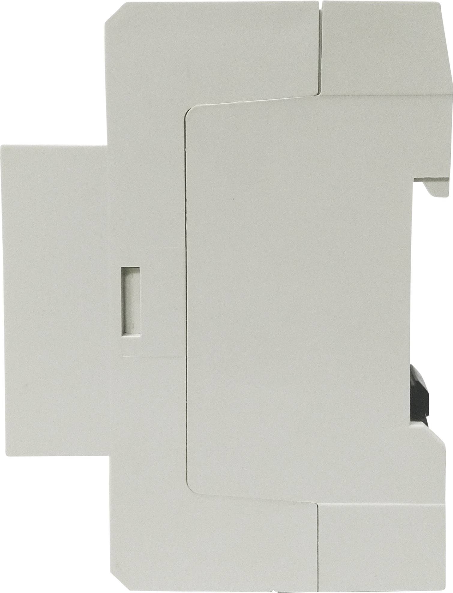 Een grijs, rechthoekig elektronisch apparaat in zijaanzicht voor een witte achtergrond.