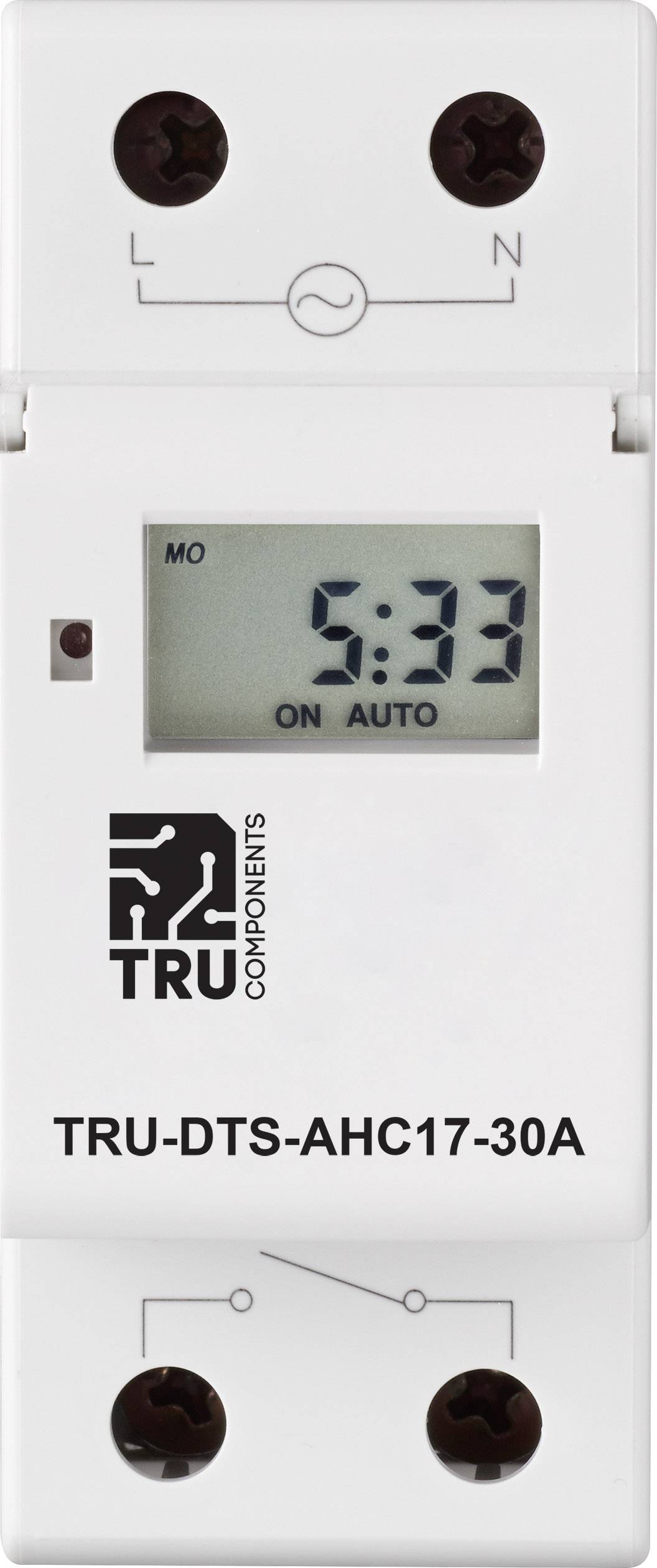 Digitale tijdschakelklok met display toont '5:33 ON AUTO', merk TRU COMPONENTS, model TRU-DTS-AHC17-30A, voor automatische besturing.