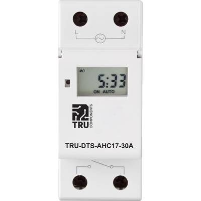 Digitale tijdschakelklok met display toont '5:33 ON AUTO', merk TRU COMPONENTS, model TRU-DTS-AHC17-30A, voor automatische besturing.