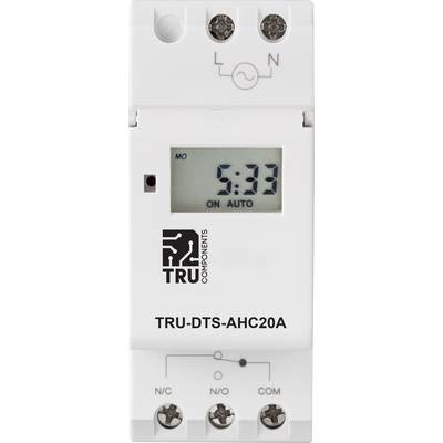 Elektronische tijdmeter met LCD-display toont '5:33, ON AUTO'. Bovenaan elektrische aansluitingen, onderaan schakelaars en aansluitklemmen.