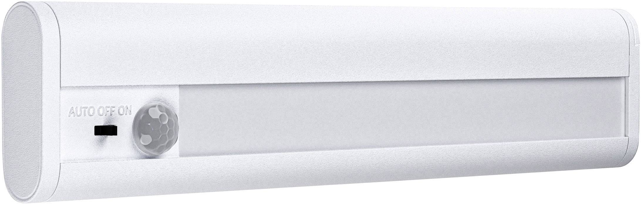 Witte LED-lamp met bewegingssensor en schakelaar voor 'Auto', 'Uit', 'Aan' aan de linkerkant. Geschikt voor kasten of gangen.
