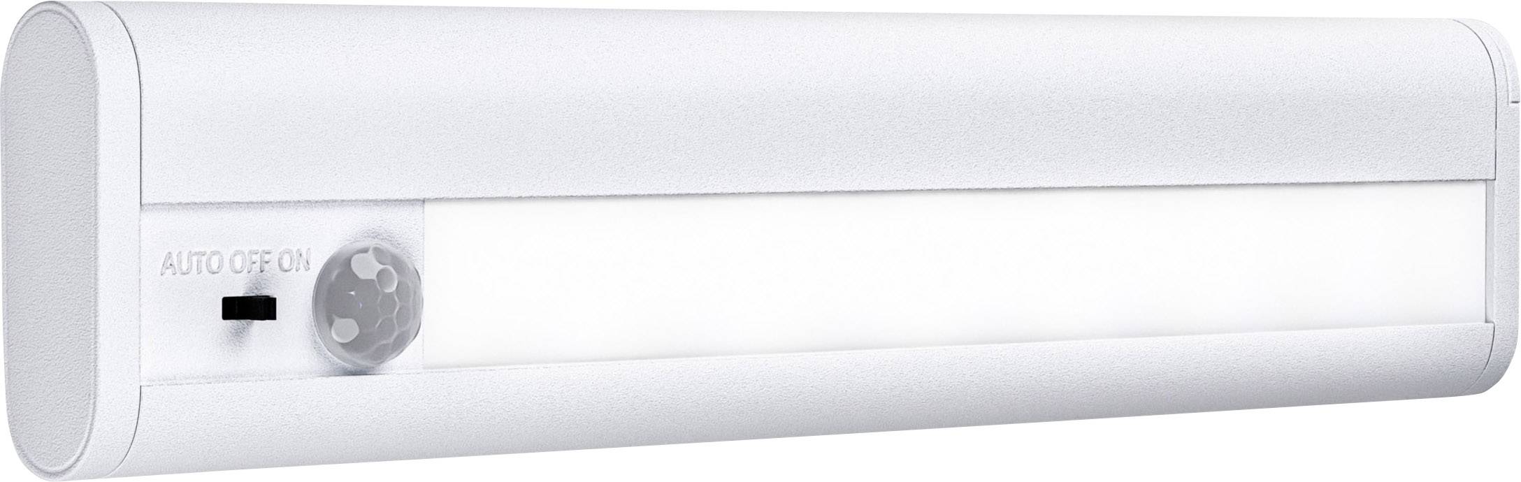Witte LED-lamp met bewegingssensor en schakelaar voor 'Auto', 'Uit' en 'Aan', geschikt voor montage op wanden of meubilair.
