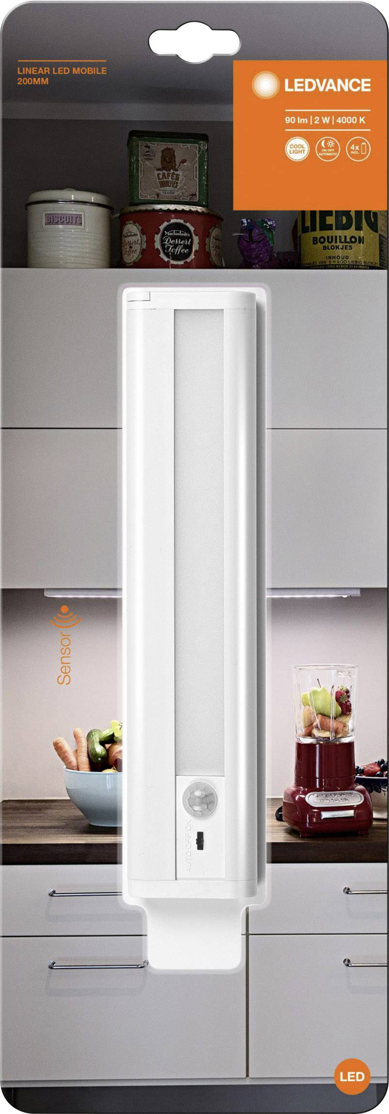 LED-lamp van Ledvance, geschikt voor installatie onder kasten. Productfoto op een achtergrond met keukengerei.
