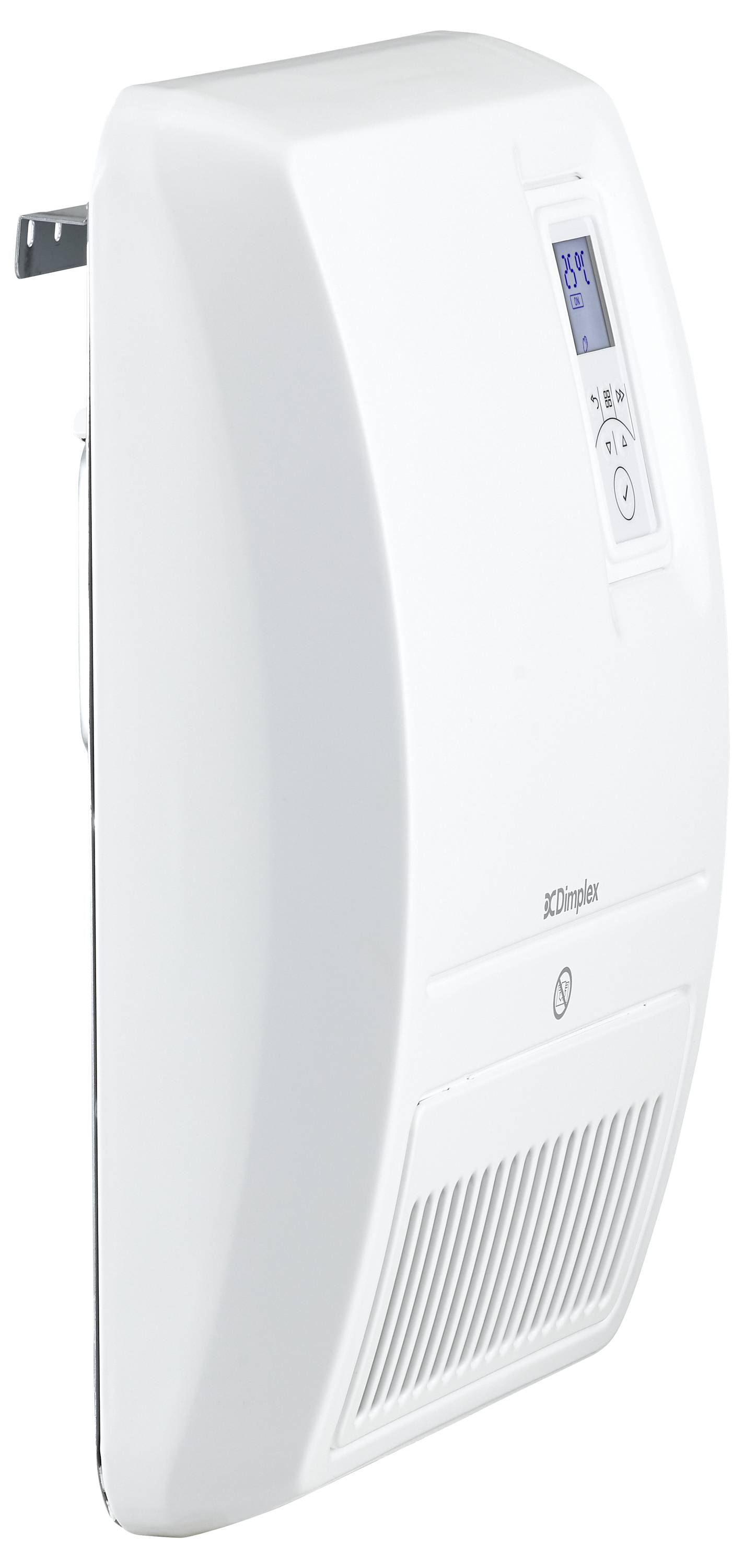 Witte elektrische radiator aan de muur bevestigd met digitaal display en bedieningspaneel aan de voorkant.