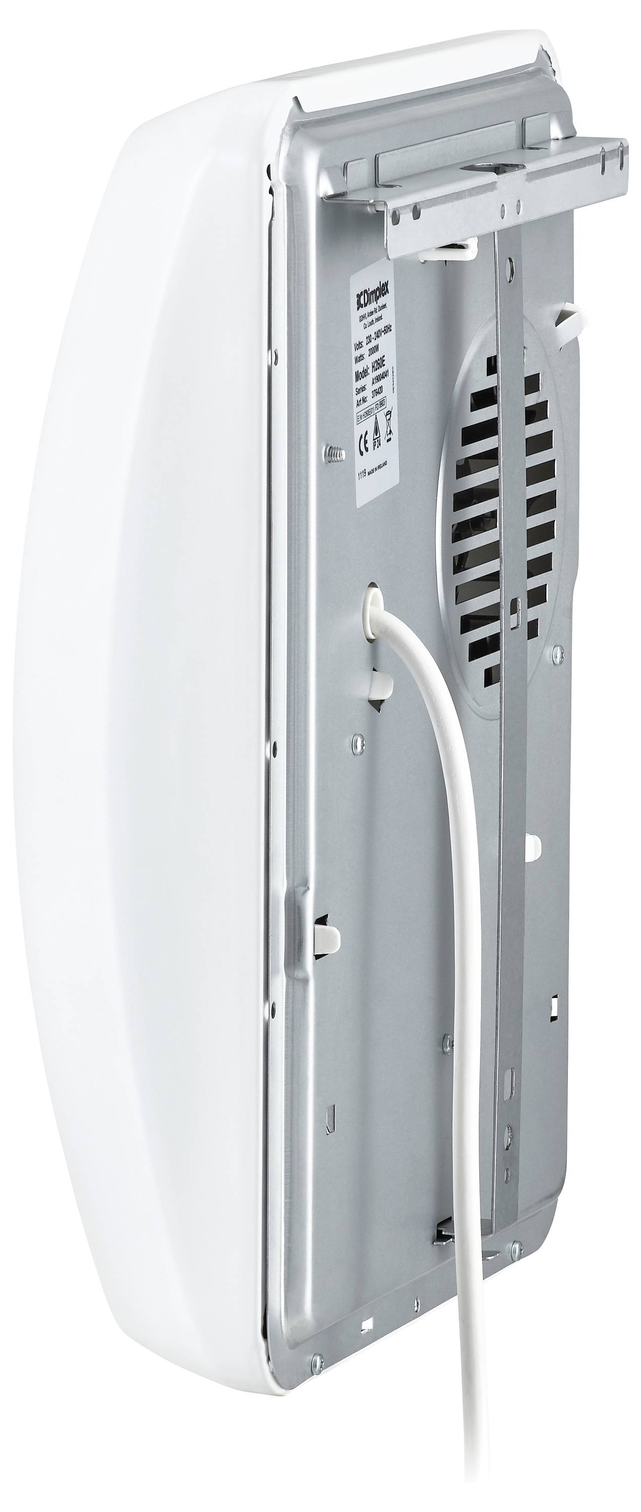 Een elektrische handdroger met een wit behuizing en een ventilatierooster aan de achterkant; een kabel hangt naar beneden.