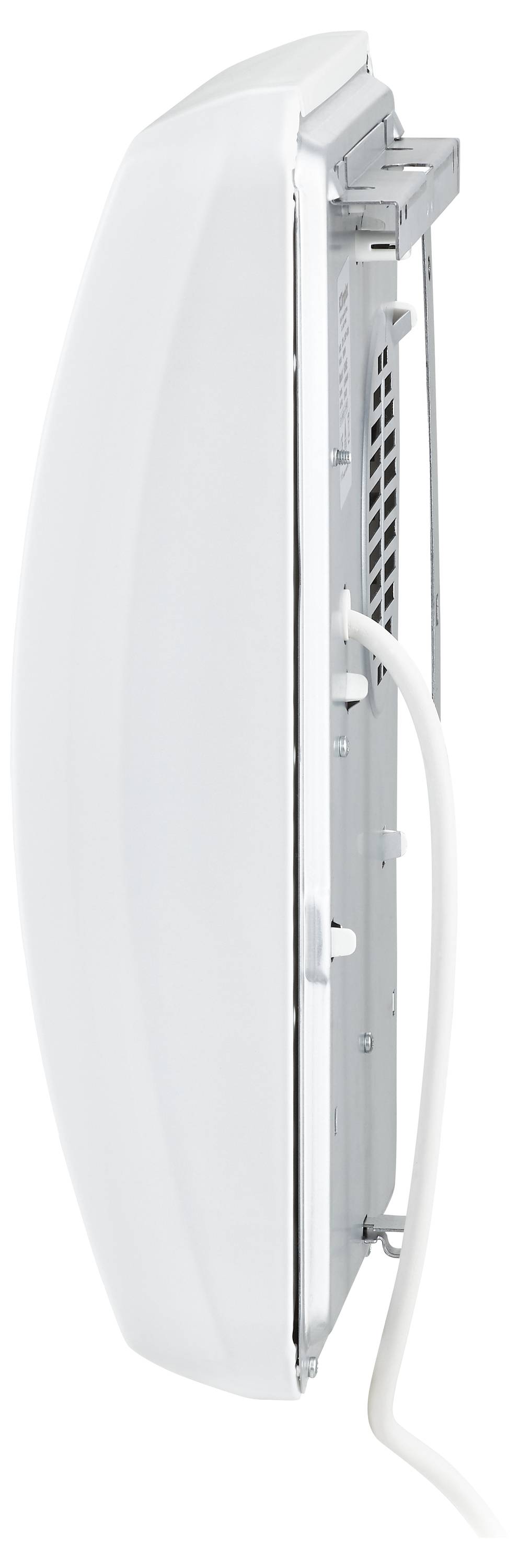 Een smalle, witte wandluidspreker weergegeven van opzij. De zijkant van de behuizing is zichtbaar en een kabel die naar beneden loopt.