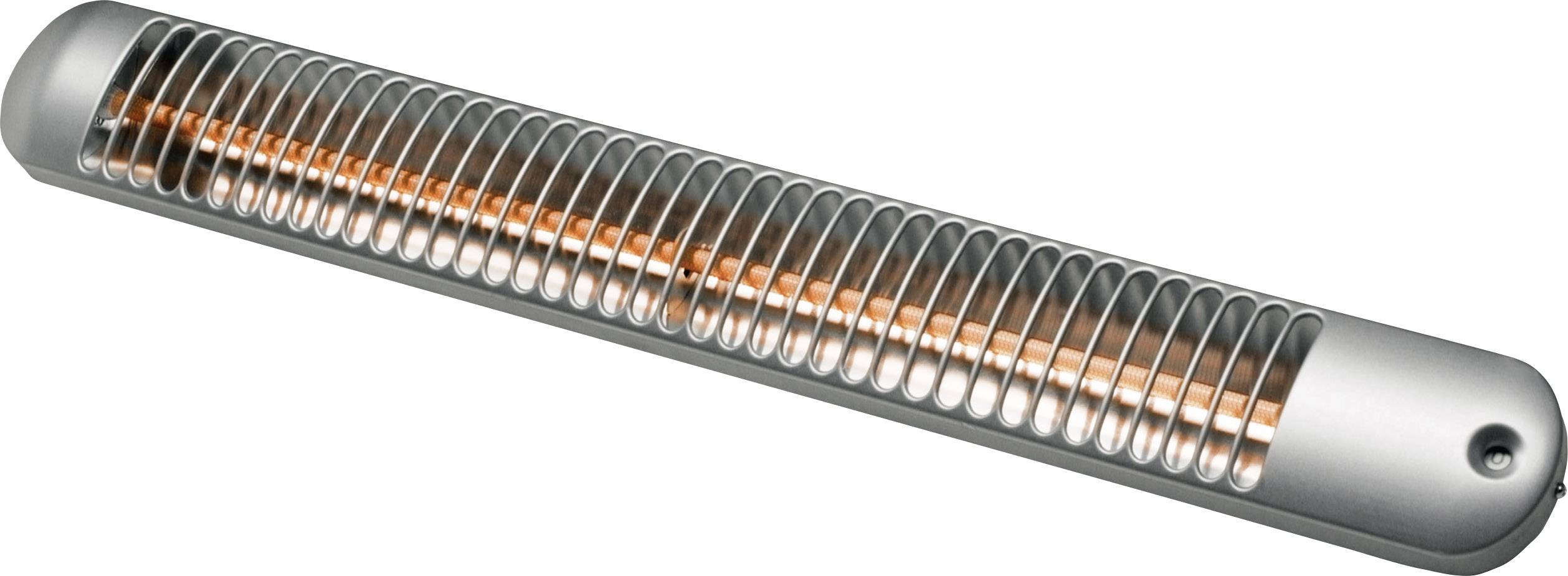 Elektrische verwarmingsstraler met zilveren behuizing en zichtbare verwarmingsdraad in een rooster, gebruikt voor ruimteverwarming.