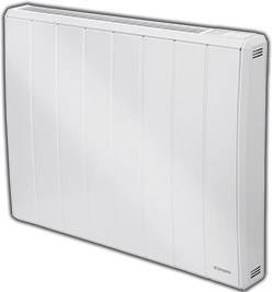 Een witte elektrische radiator met verticale strepen op het oppervlak, geschikt voor wandmontage binnenshuis.