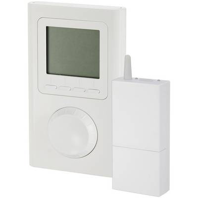 Een wit elektronisch apparaat met een groot scherm en een draaiknop, naast een kleiner, rechthoekig apparaat met een antenne.