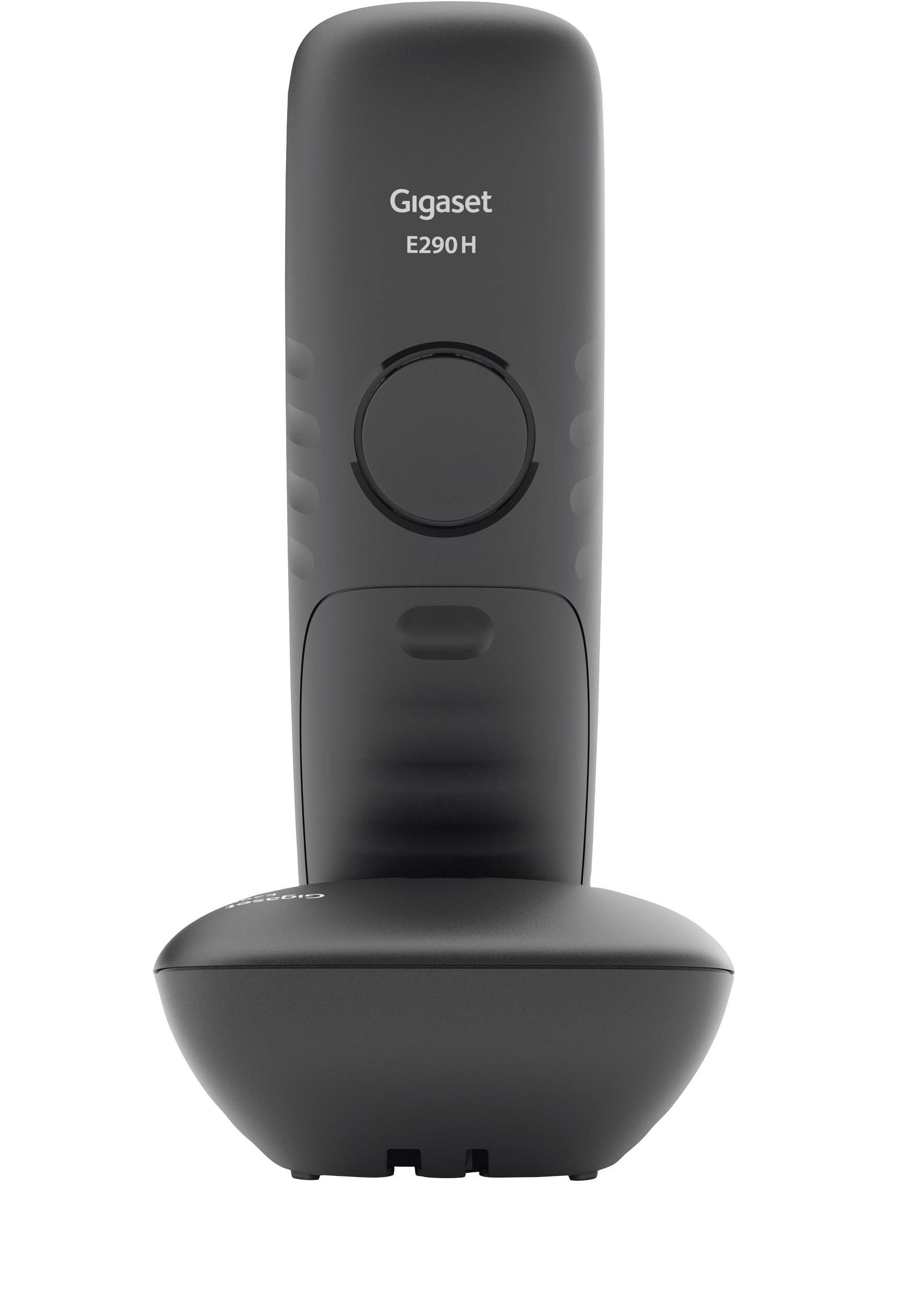 Een draadloze telefoon van het merk Gigaset, model E290H, in een laadstation. Het apparaat is zwart en staat rechtop.