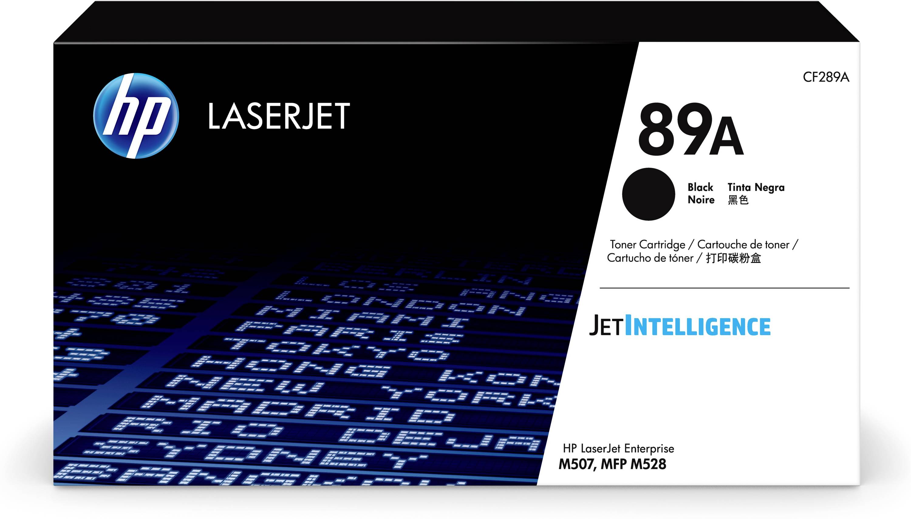 HP LaserJet 89A zwarte tonercartridgedoos voor LaserJet Enterprise M507 en MFP M528, met HP-logo en JetIntelligence-branding.