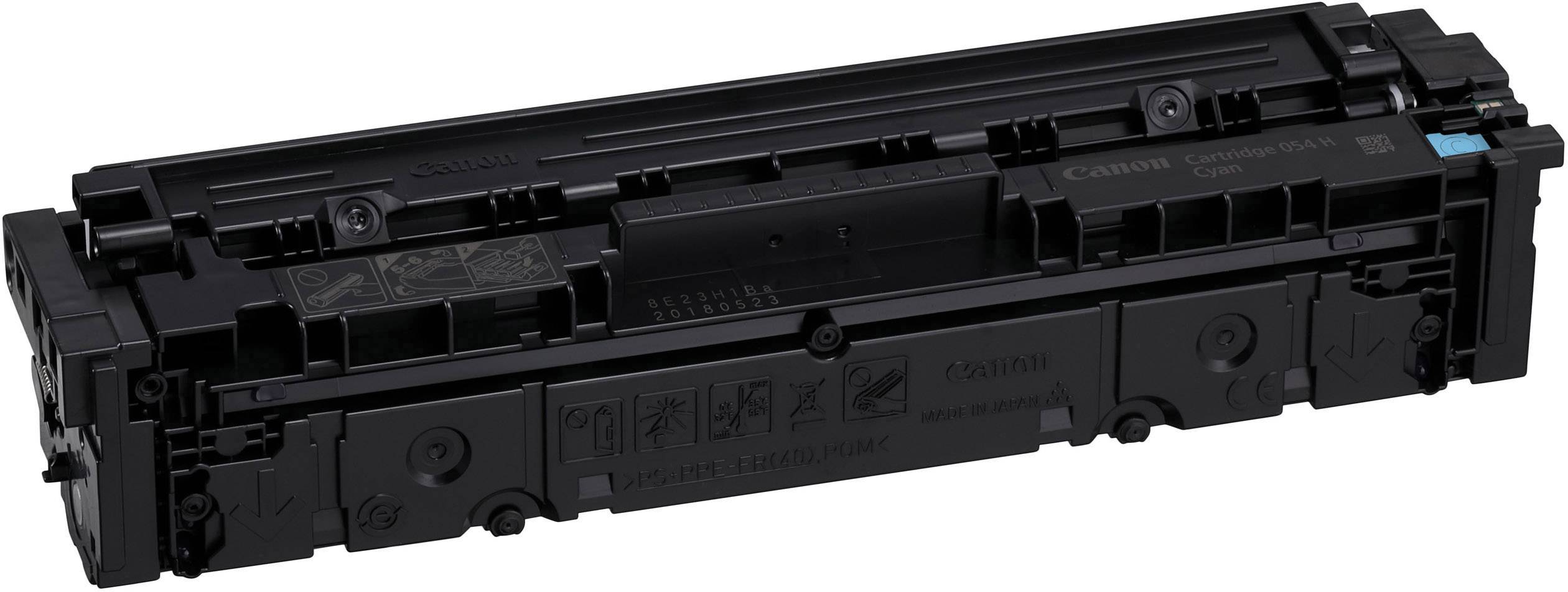 Een zwarte Canon printertoner-cartridge met verschillende etiketten en symbolen op het oppervlak.