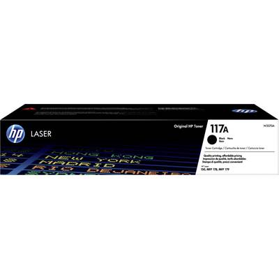 Zwarte HP Laser Tonercartridge 117A. Verpakking toont tekstregels met stadsnamen in kleurrijke pixels. Origineel HP product.
