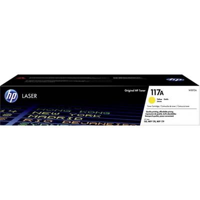 'Toner-cartridge HP 117A, geel. Geschikt voor HP LASER printers. Compatibel met verschillende modellen. Verpakking toont een nachtelijk tafereel.'