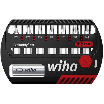 Bitsatz 'BitBuddy 29' van Wiha met verschillende bitformaten van PZ1 tot T40. Bevat rode en zwarte elementen, inclusief houder.
