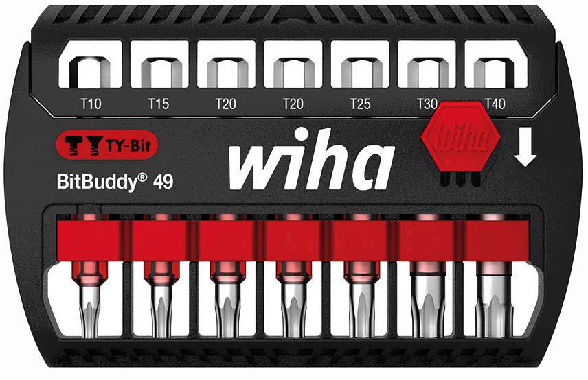 Wiha Bit-set met 8 bits van T10 tot T40, in een zwarte houder met rode details. Merknaam 'Wiha' prominent in het midden.