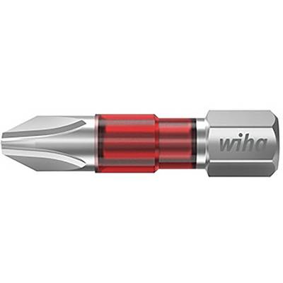 Een schroevendraaierbit in zilver met een rode ring en de opdruk 'wiha'.