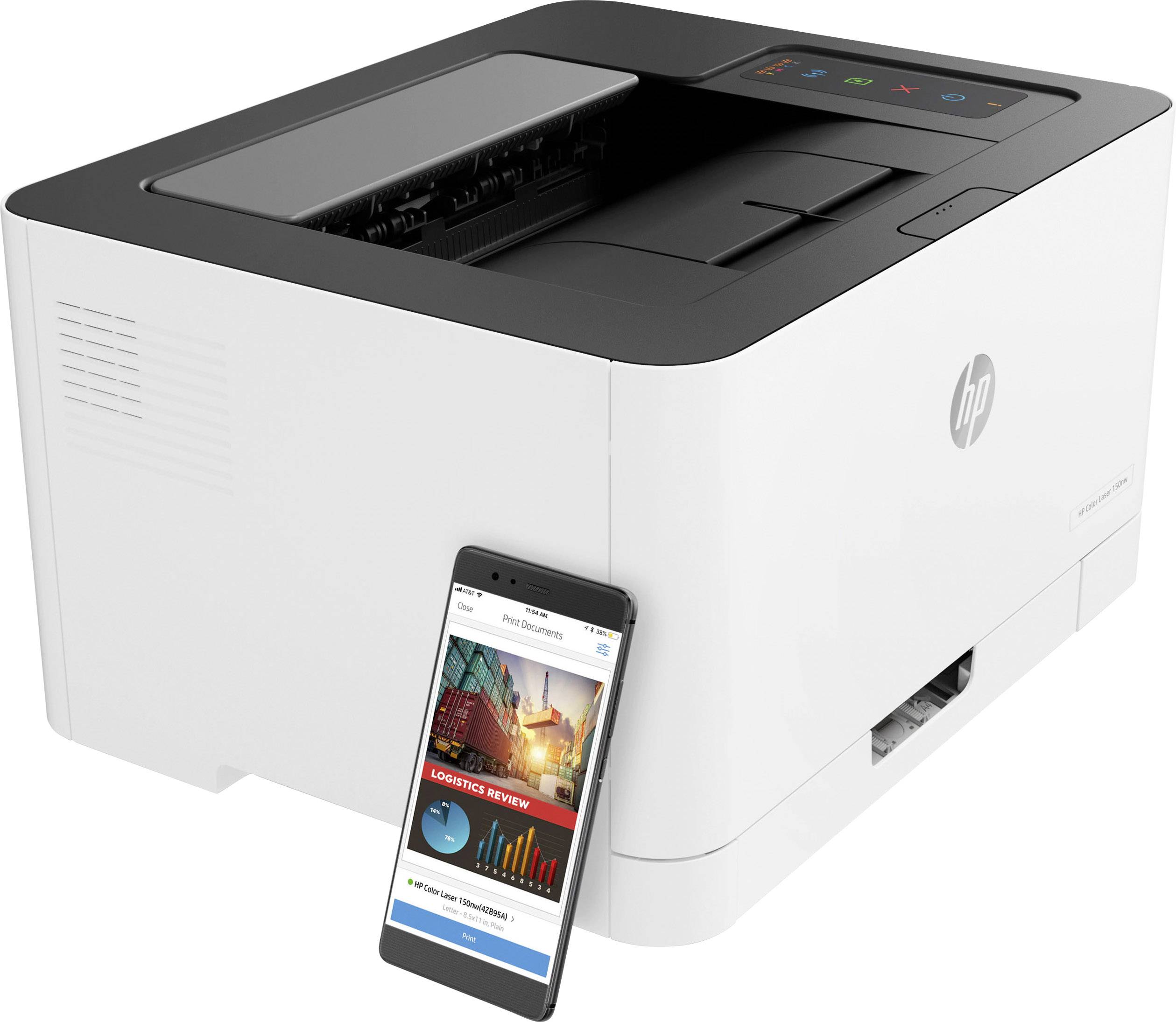 Een witte printer met een zwart bedieningspaneel, naast een smartphone waarop een app met diagrammen en afbeeldingen wordt weergegeven.