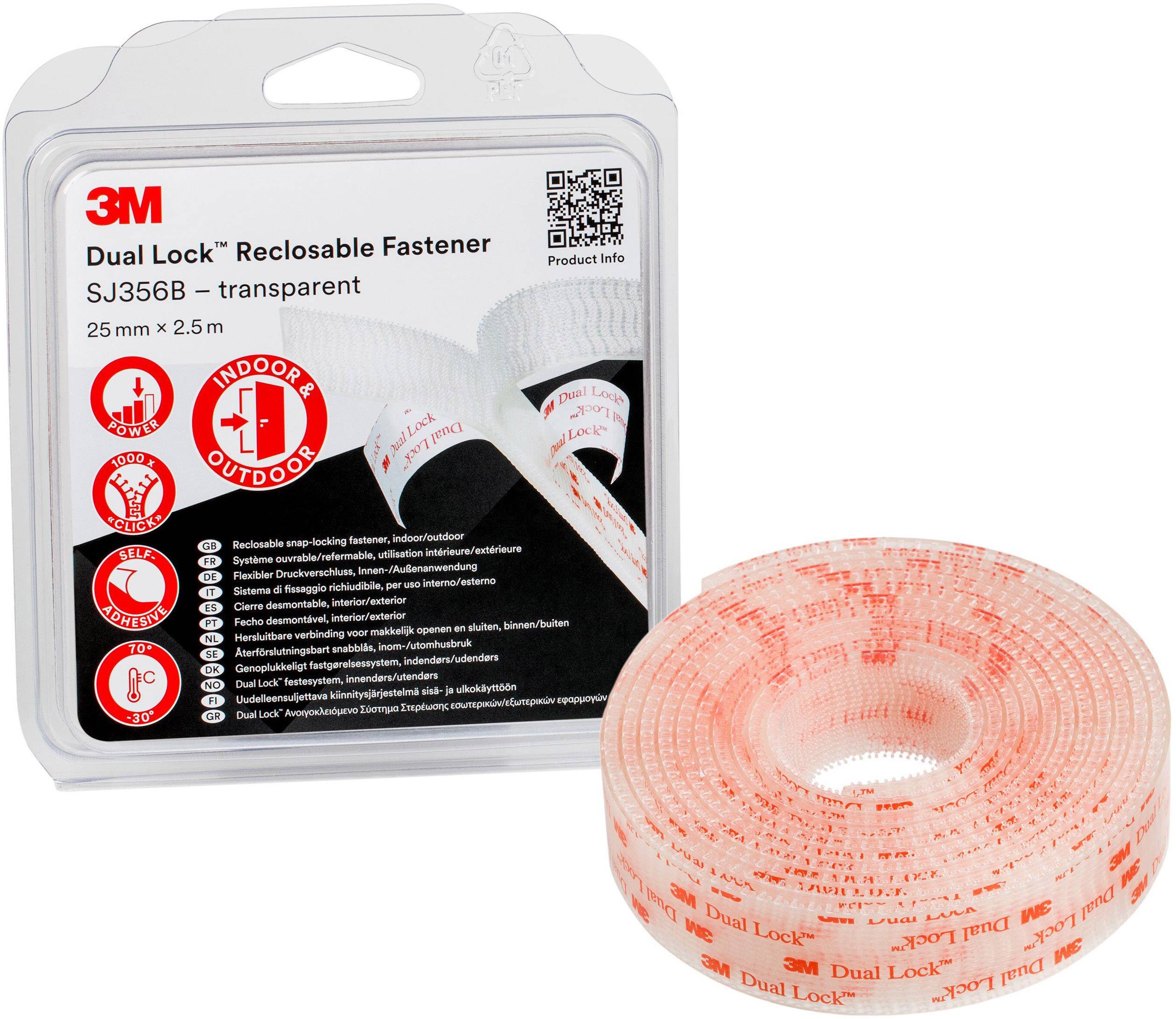 '3M Dual Lock SJ356B' klittenband, transparant, 25 mm x 2,5 m, geschikt voor binnen- en buitengebruik, afgebeeld in verpakking en als rol.