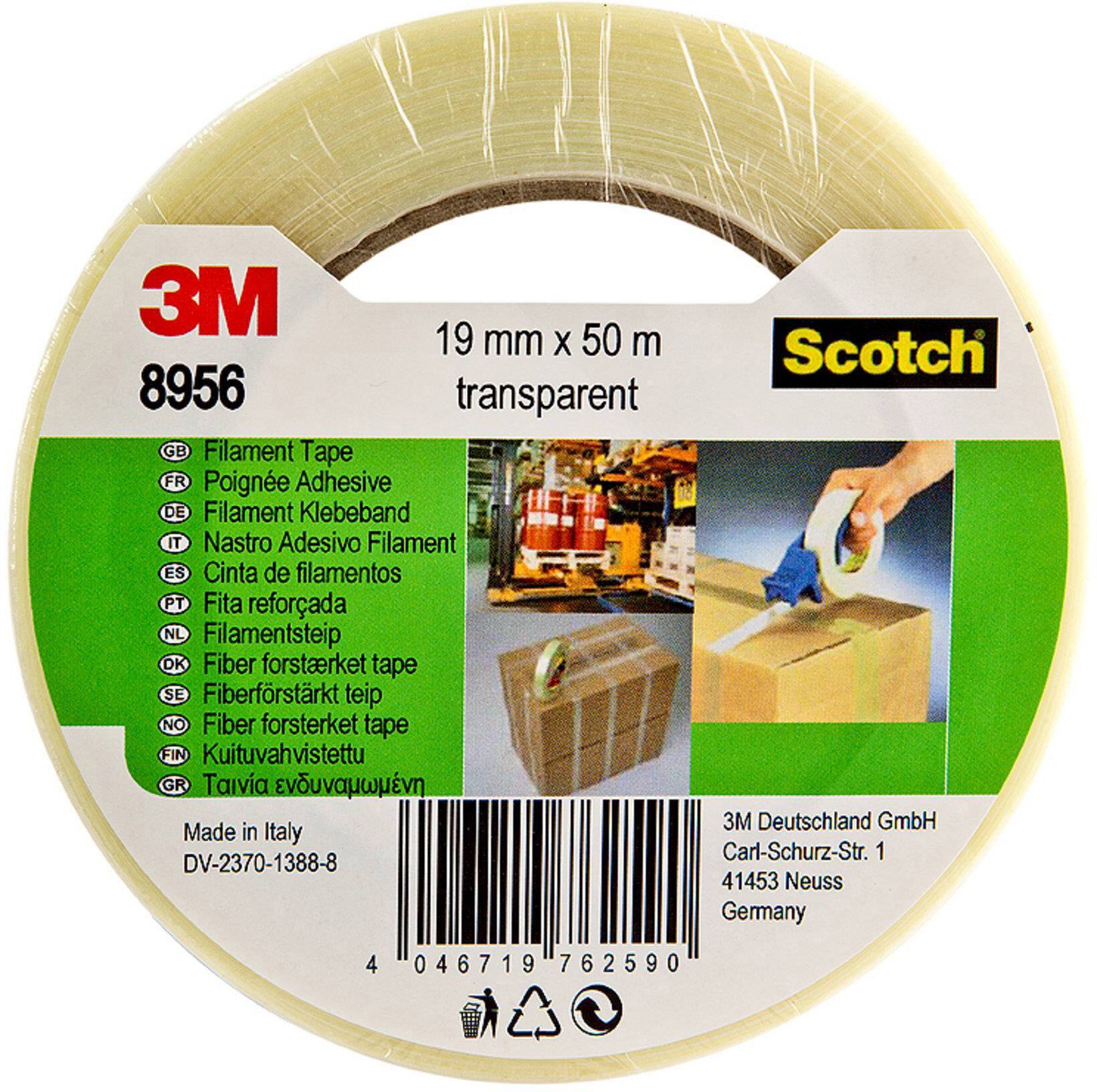 '3M' plakband, 19 mm x 50 m, transparant. Op een etiket staat een afbeelding die laat zien hoe het band wordt gebruikt voor verpakking. Gemaakt in Italië.