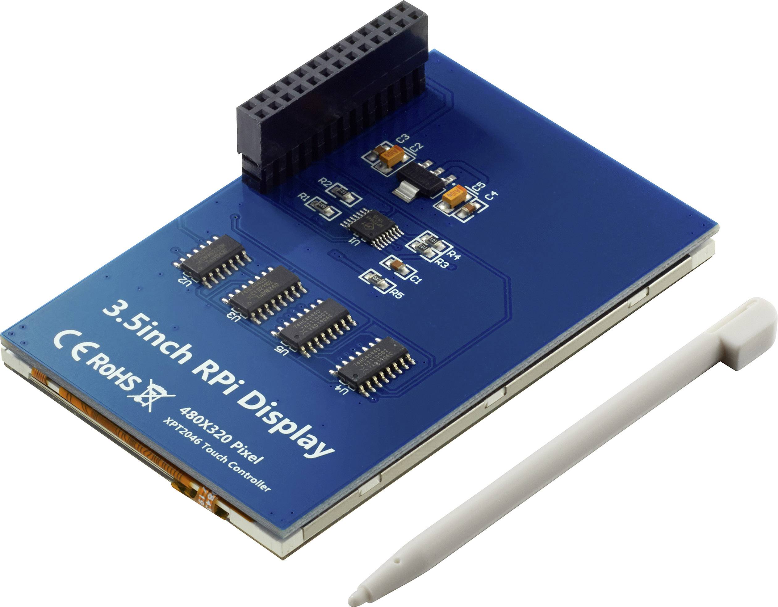 Een 3,5-inch-display voor een Raspberry Pi met een touchgevoelig oppervlak, elektronische aansluitingen en een witte stylus ernaast.