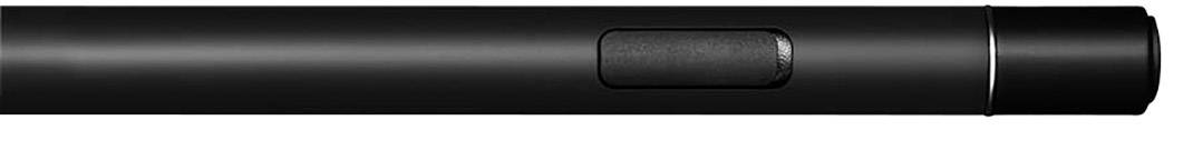 Pen in close-up. Zwart, cilindrisch ontwerp met een geïntegreerde knop in het midden.
