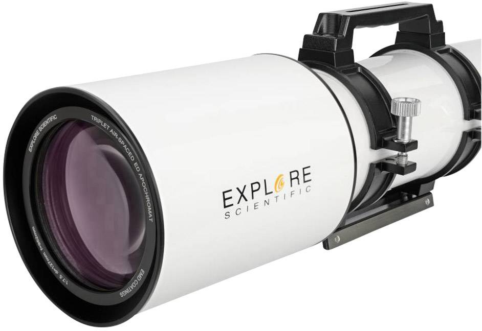 Een wit telescoop van 'Explore Scientific' met een groot objectief en handgreep, met fokusknop aan de zijkant.