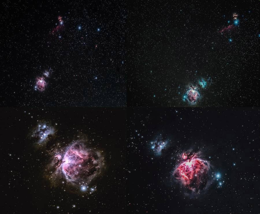 Afbeelding van vier verschillende astronomische opnamen van de Orionnevel. Elke opname toont andere kleurvariaties en sterrenstelsels.