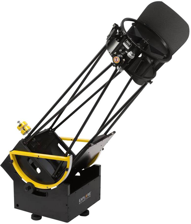 Een groot, reflecterend telescoop met gele accenten en een zwart statief, geschikt voor het waarnemen van de nachtelijke hemel.