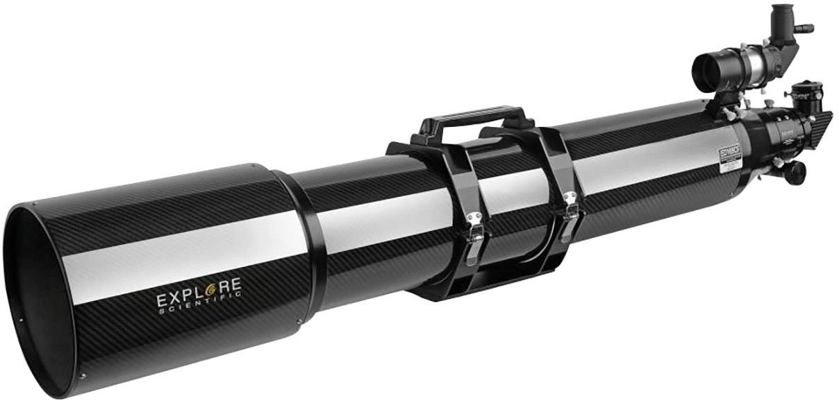 Een lange zwarte telescoop met een groot objectief, geschikt voor astronomische waarnemingen, met handgrepen aan de zijkant.